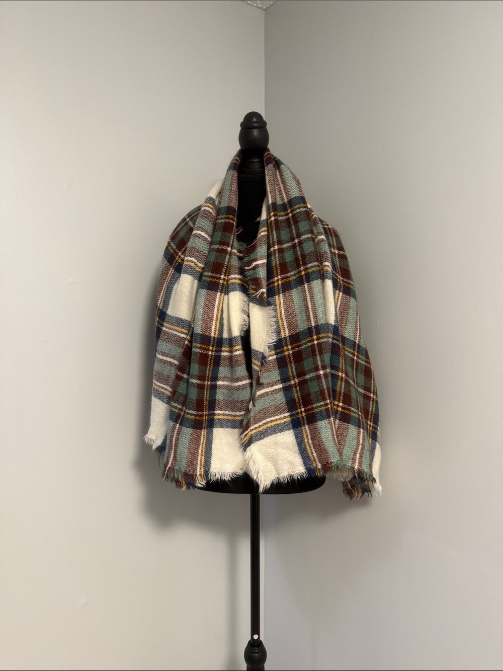 Cozy Plaid Blanket Scarf in Cream, Brown & Teal